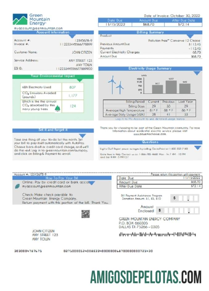 Em branco modelo de conta de serviços públicos de energia Green Mountain dos EUA em formato Word e PDF